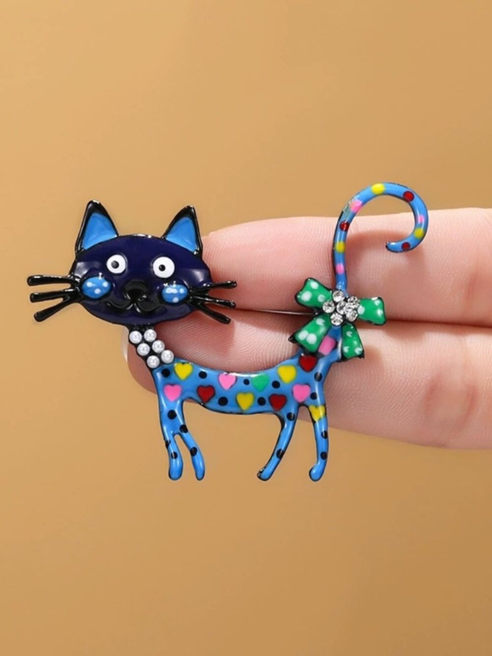 Cute Colorful Enamel Polka Dot Heart Cat Brooch With Crystal Bow